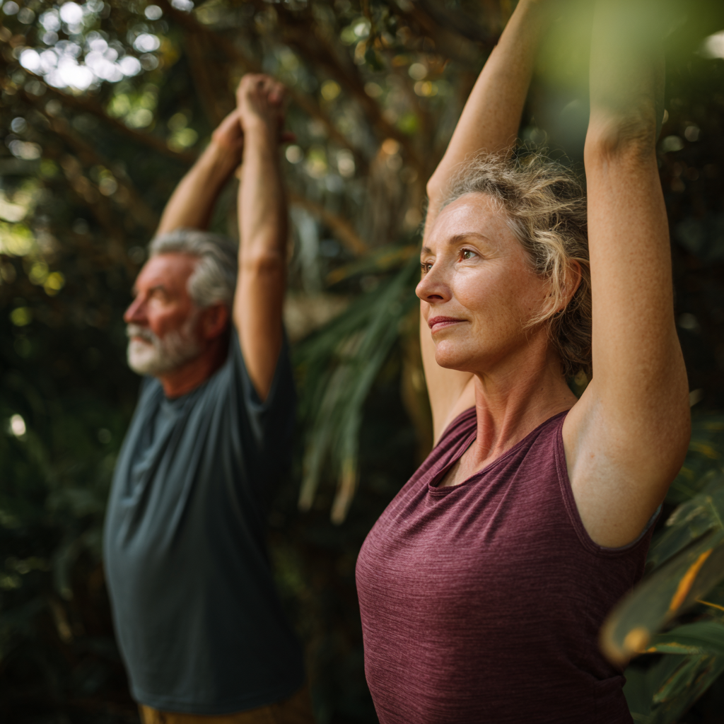 Middle-aged adults practicing gentle movement and flexibility exercises in natural environment