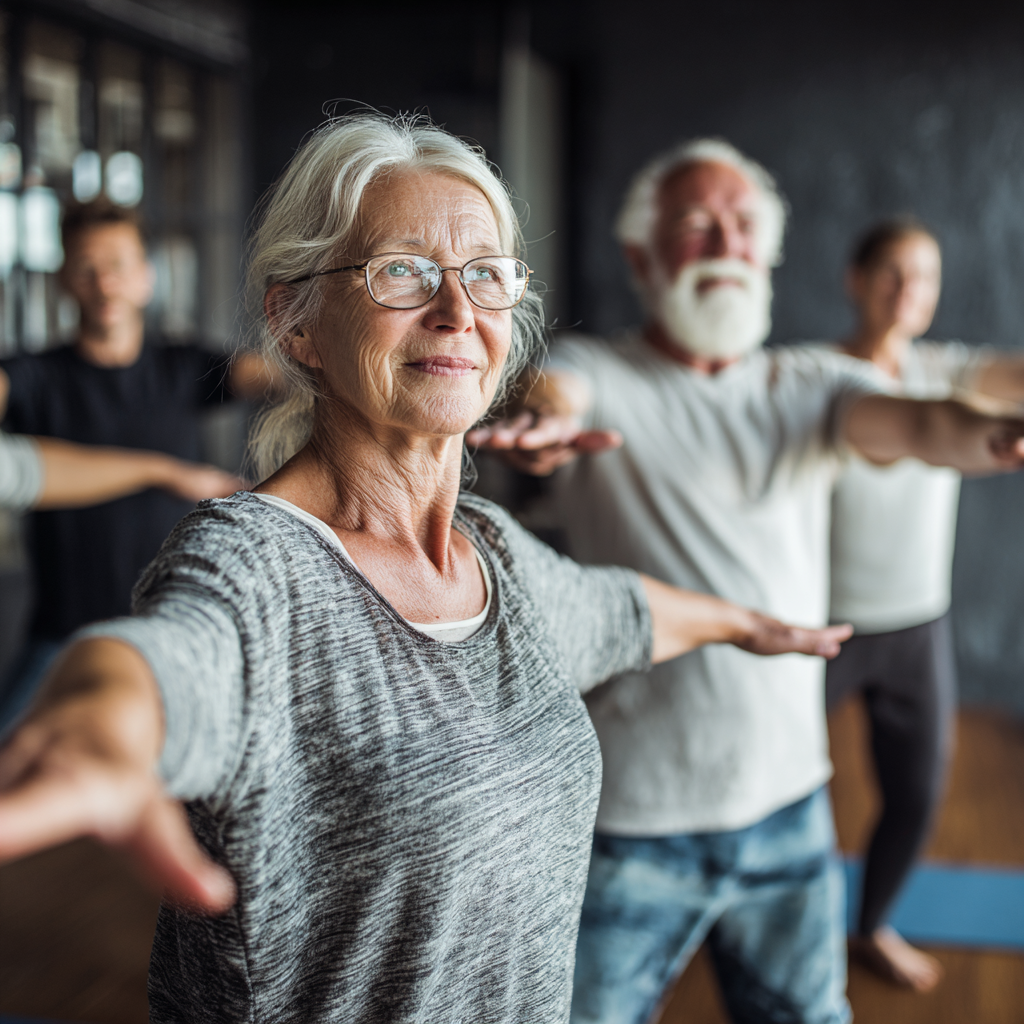 Older adults demonstrating simple wellness routines and mindful movement practices